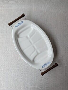 Oval CorningWare Platter w/ MCM Metal & Wood Serving Base | P‑19 Blue Cornflower